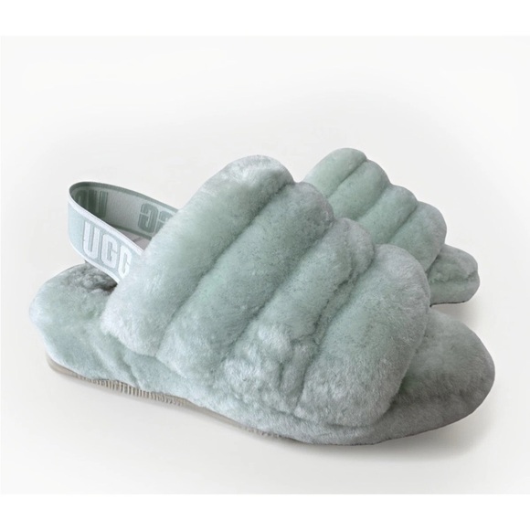 UGG FLUFF YEAH SLIDE RETRO MINT MOCASSIN SLIP ON SANDAL SHOES FLATS SIZE 7 - Picture 2 of 9